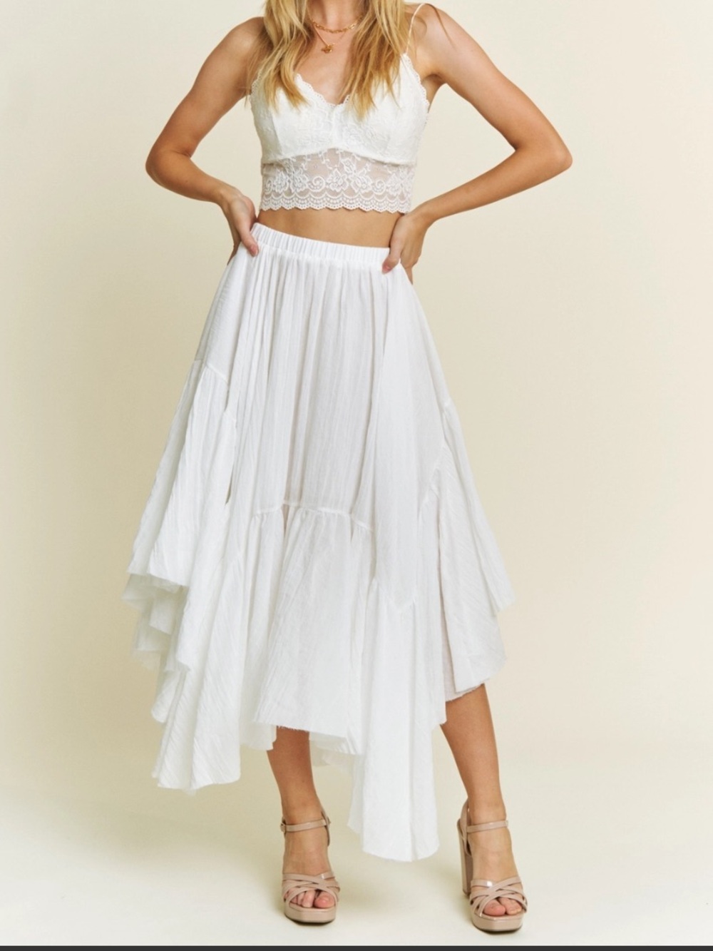 Sweet Generis Asymmetrical Raw Edge Ruched Uneven Hemline White Skirt sz L - Picture 2 of 10